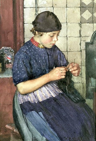 Girl Knitting by Walter Langley, copyright expired, image in the public domain