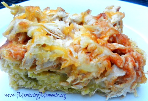 A slice of chicken tamale casserole by Kellie Renfroe for www.MentoringMoments.org