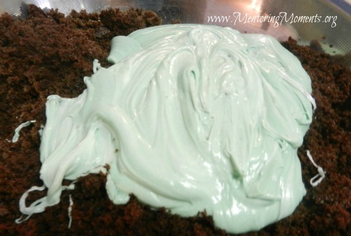 Chocolate fudge cake crumbled with mint icing about to be mixed in