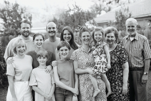 Black and white photo of a large extended family from Microsoft Publisher