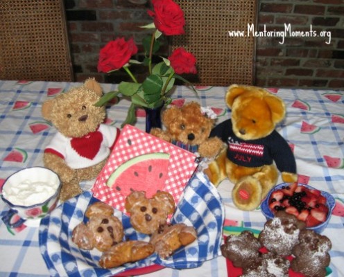 Teddy Bear picnic with a plate of homemade teddy bear scones. www.MentoringMoments.org