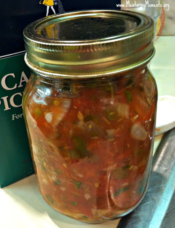 Jar of homemade salsa ready to eat!