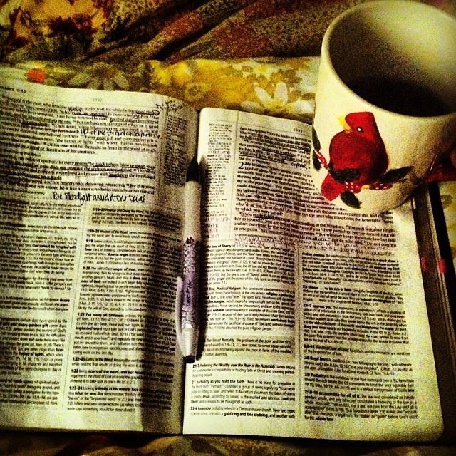 Emily Beth's Bible with a cup of tea nearby.