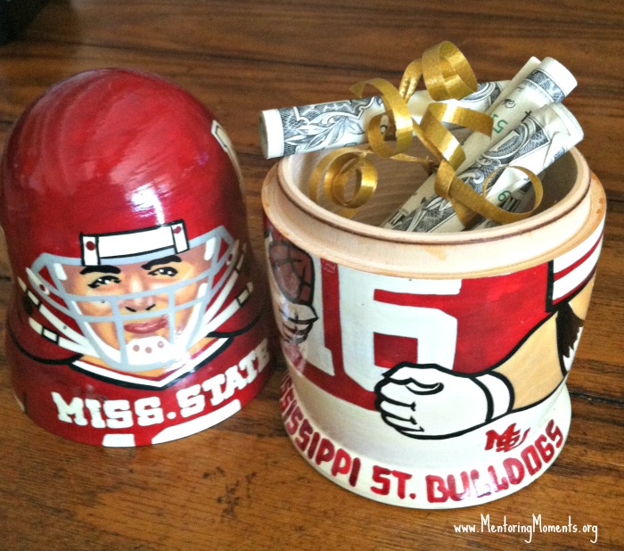 Unique football container for Christmas money.